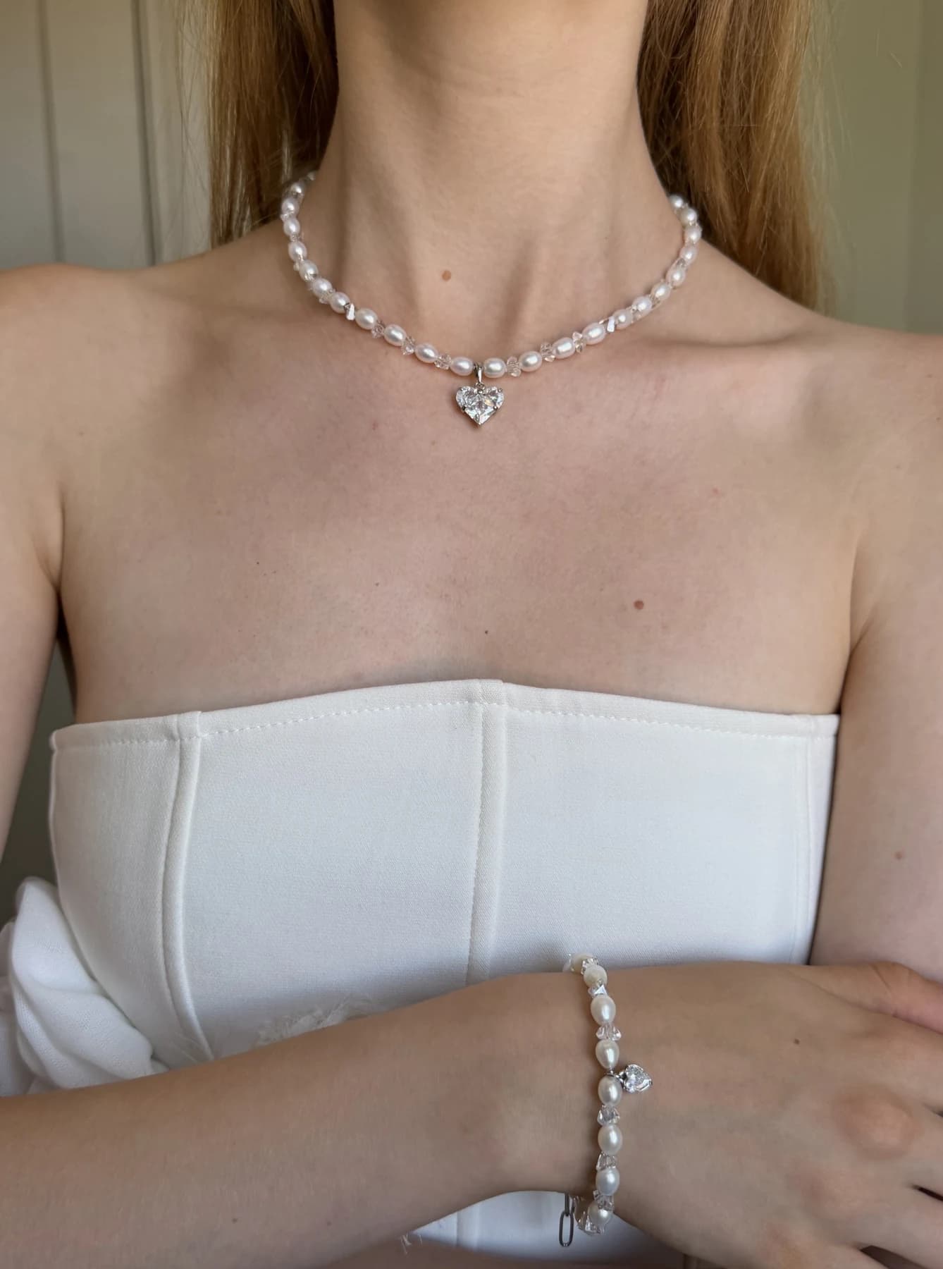 Freshwater Pearl Bridal Jewellery Set with Crystal Heart Necklace & Bracelet thumbnail 8