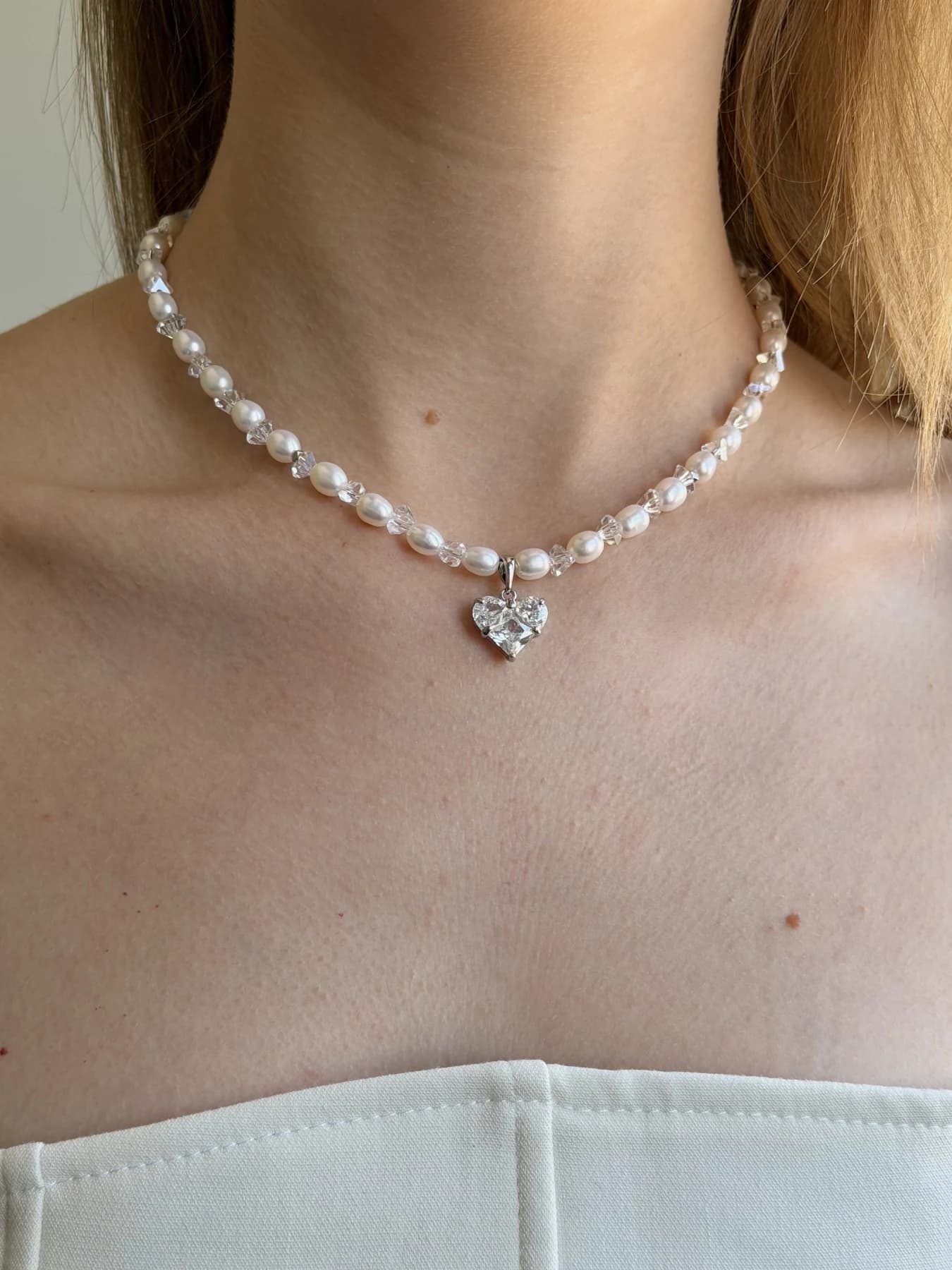 Freshwater Pearl Bridal Jewellery Set with Crystal Heart Necklace & Bracelet thumbnail 3