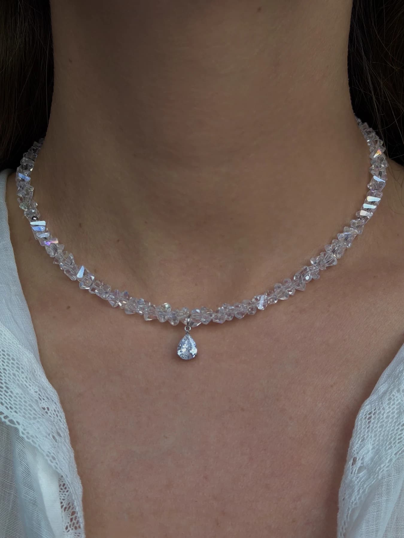Crystal Beaded Choker Necklace with Teardrop Cubic Zirconia Pendant thumbnail 5