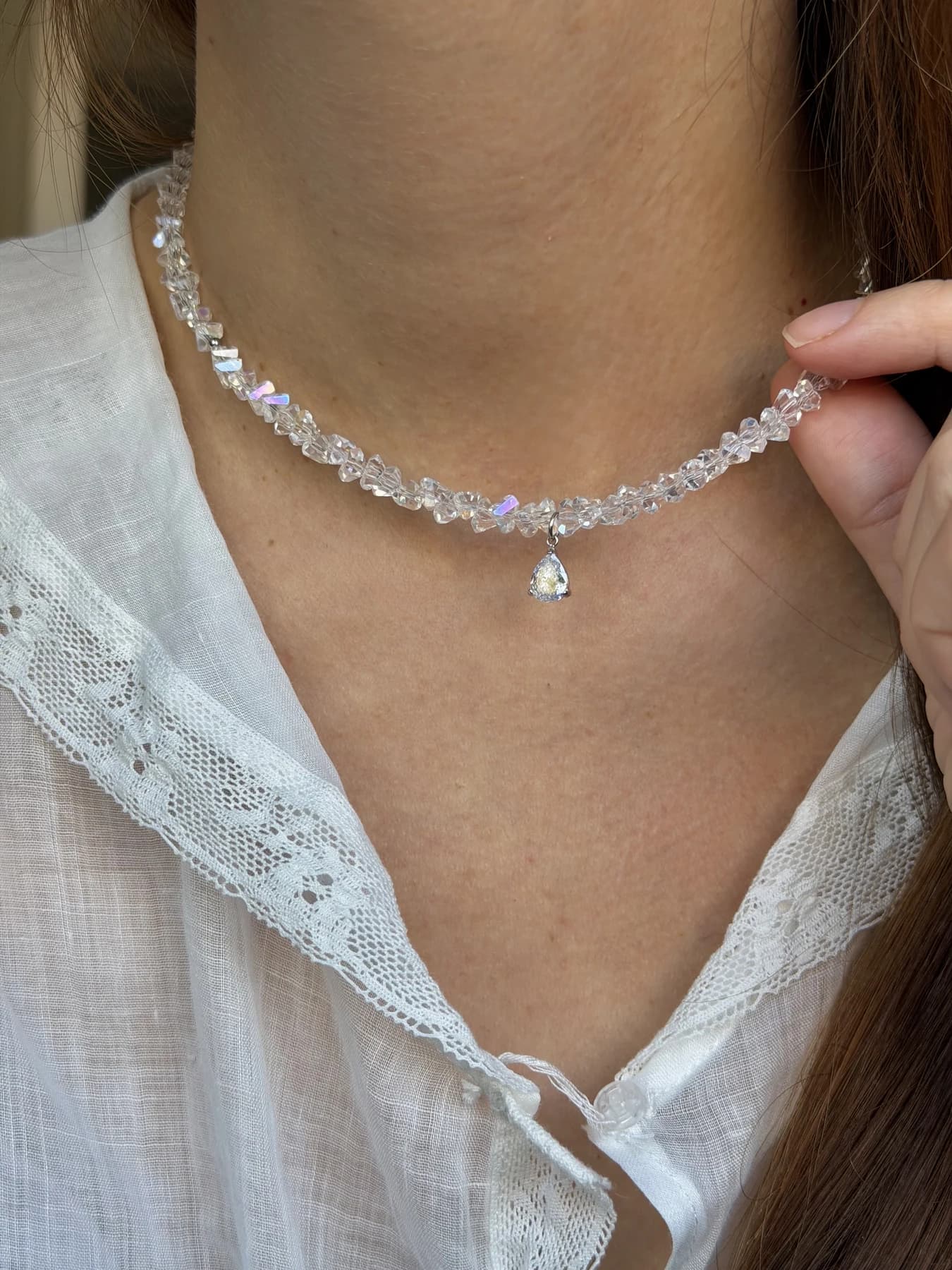 Crystal Beaded Choker Necklace with Teardrop Cubic Zirconia Pendant thumbnail 4