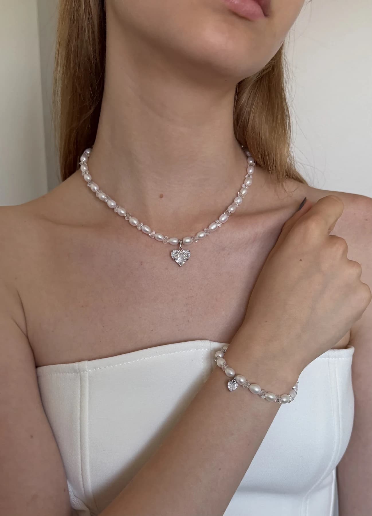 Freshwater Pearl Bridal Jewellery Set with Crystal Heart Necklace & Bracelet thumbnail 2
