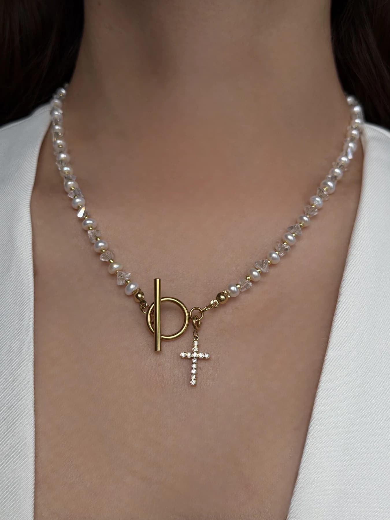 Freshwater Pearl Jewellery Set with Crystal Necklace, Bracelet & Cross Earrings thumbnail 15