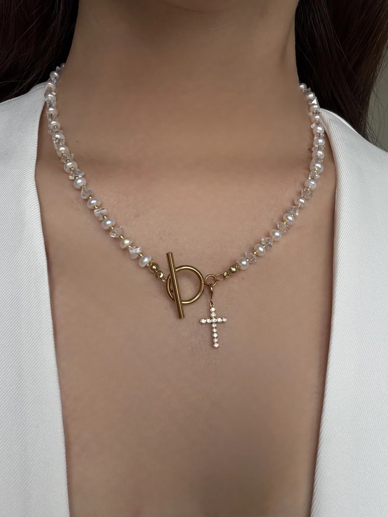 Freshwater Pearl Jewellery Set with Crystal Necklace, Bracelet & Cross Earrings thumbnail 6