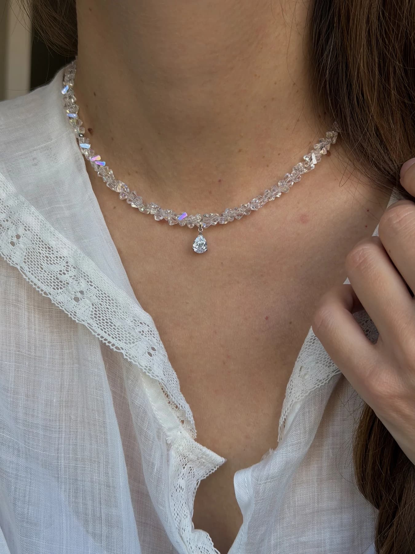 Crystal Beaded Choker Necklace with Teardrop Cubic Zirconia Pendant