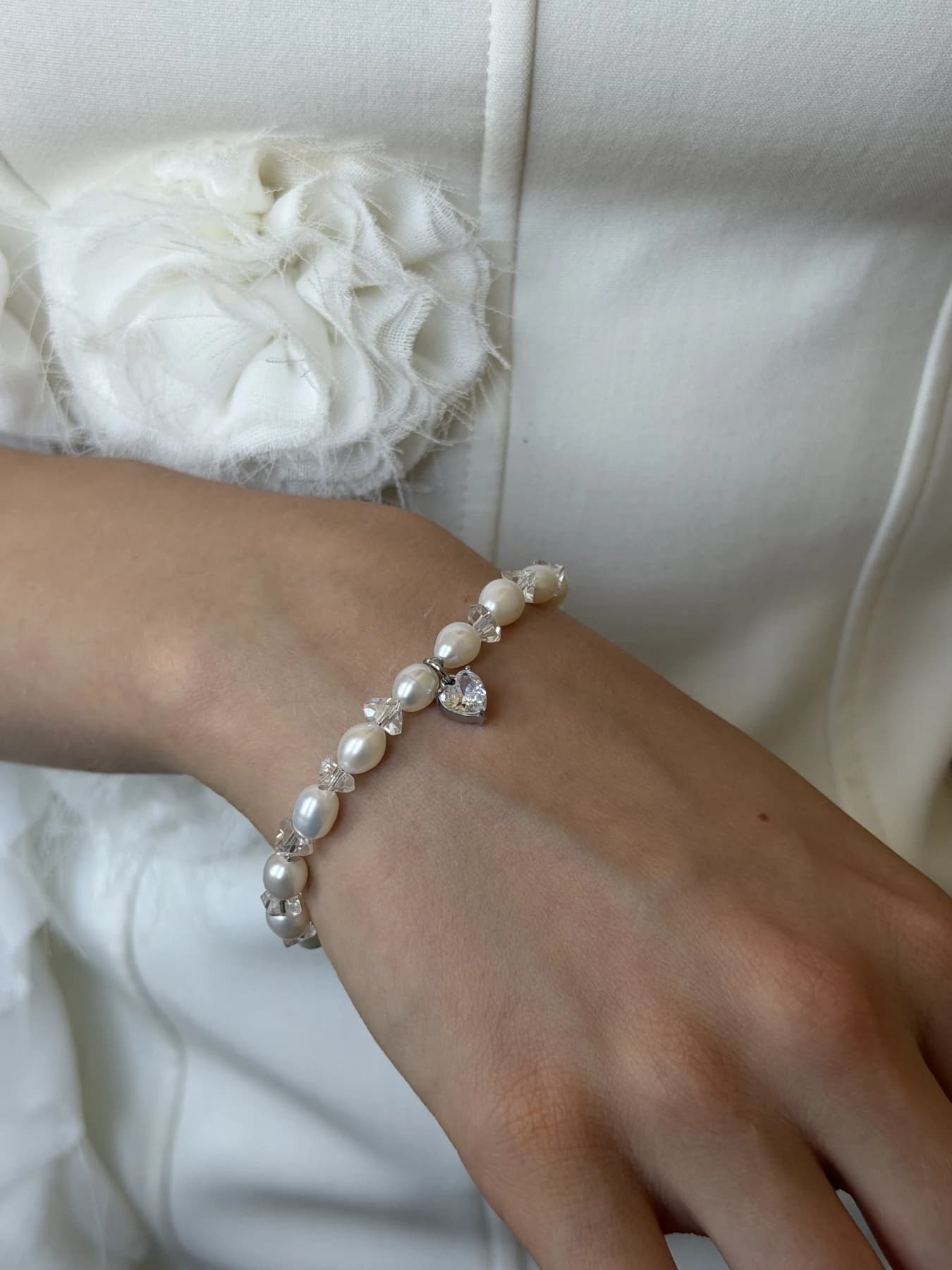 Freshwater Pearl Bridal Jewellery Set with Crystal Heart Necklace & Bracelet